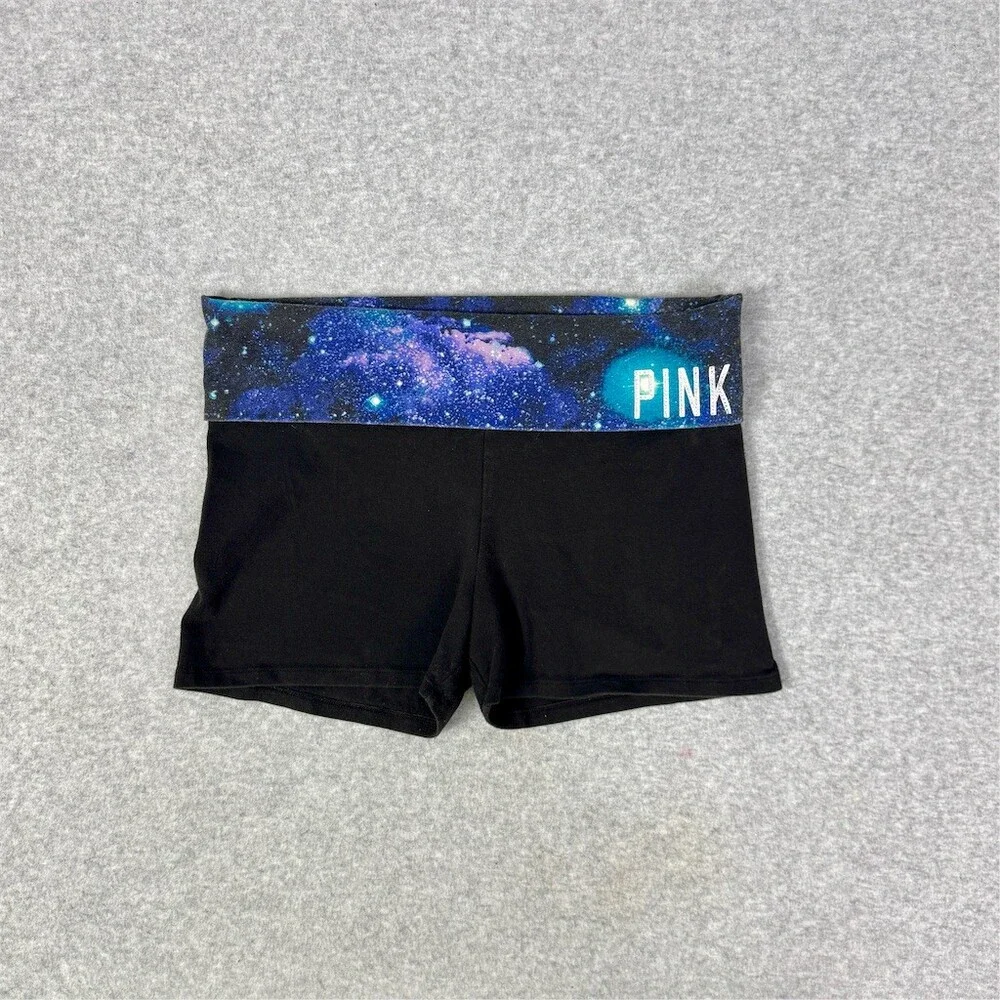 PINK Yoga Shorts Womens Size S Black Galaxy Foldover Waistband Stretch